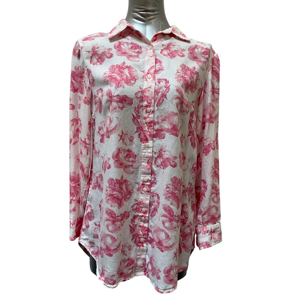 Soft Surroundings Tencel Floral Button Up Top Women's XS Pink White